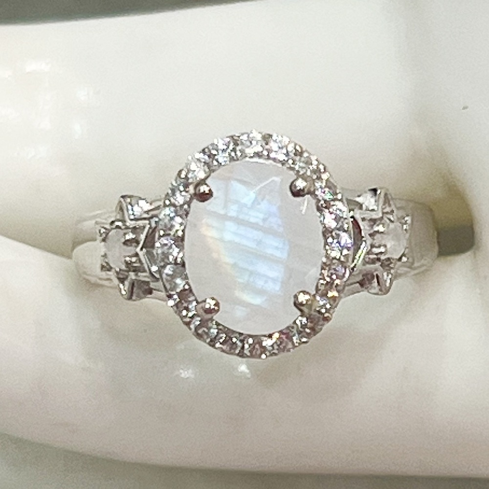 Moon Glow Moonstone White Zircon Star Ring Sz 6